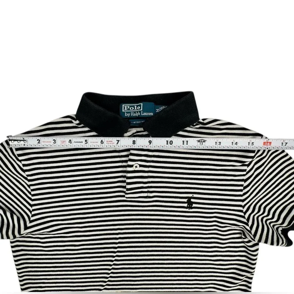 Polo by Ralph Lauren Custom Fit Navy Blue White Striped 100% Cotton Mens Medium